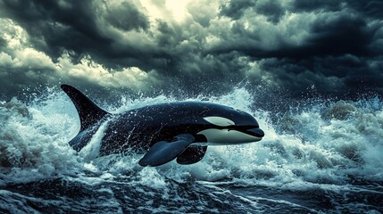 Obraz premium Orca Whale in a Stormy Sea: Majestic Power and Untamed Nature