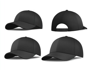 Black baseball caps mockup, various angles, white background, design template