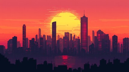 Fototapeta premium A vibrant pixel art cityscape at sunset.