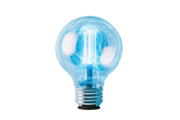 Unique blue electric light bulb with energetic glow and transparent design in a well-lit studio setting