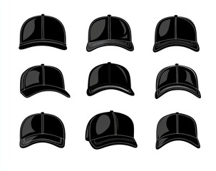 Black Baseball Caps Nine Views, White Background, Apparel Design