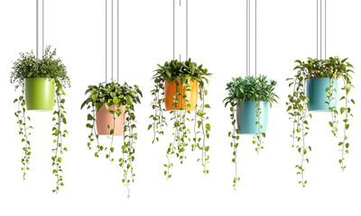 Colorful hanging planters filled with lush green plants, featuring trailing vines that add a vibrant touch to any space isolated on white and transparent background.