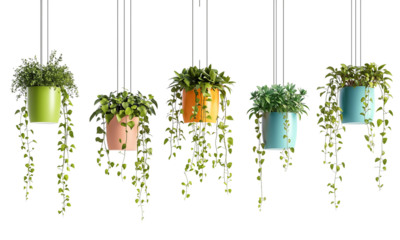 Colorful hanging planters filled with lush green plants, featuring trailing vines that add a vibrant touch to any space isolated on white and transparent background.