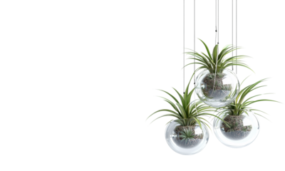 Hanging glass planters with vibrant green plants create a stylish and modern decor element isolated on white and transparent background.