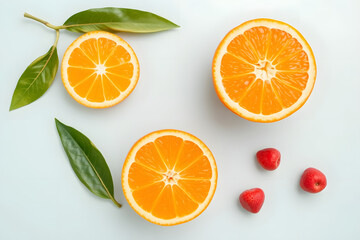 Freshly cut oranges with vibrant orange flesh, accompanied by green leaves and small red strawberries on a light background.