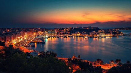 Fototapeta premium Mesmerizing panoramic view of a vibrant illuminated cityscape reflecting on the calm waters of a harbor bay surrounded by majestic mountains under a serene night sky