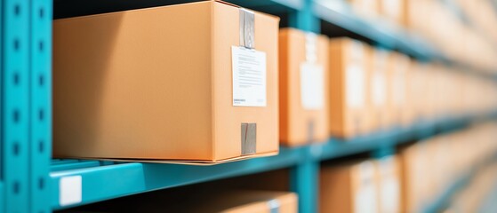 A close-up view of neatly arranged cardboard boxes on a shelf in a warehouse, showcasing organized storage for inventory management and efficient logistics operations.