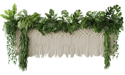 A decorative macrame piece adorned with lush greenery, featuring intricate patterns and cascading foliage isolated on white and transparent background.