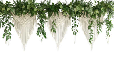 A decorative macrame piece featuring cascading greenery and intricate knot patterns isolated on white and transparent background.