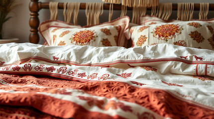 Bohemian Chic Bedding: Elegant Orange and White Floral Quilt Design. Discover the ultimate comfort and style for your bedroom. Perfect for creating a serene and cozy atmosphere.