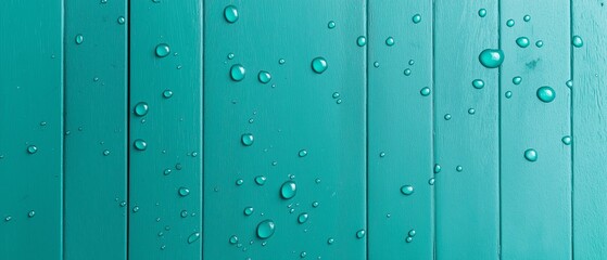 Fototapeta premium A close-up view of teal wooden planks adorned with delicate water droplets, showcasing a refreshing and serene atmosphere perfect for nature-inspired themes.