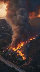 Hillside wildfire with thick black smoke	