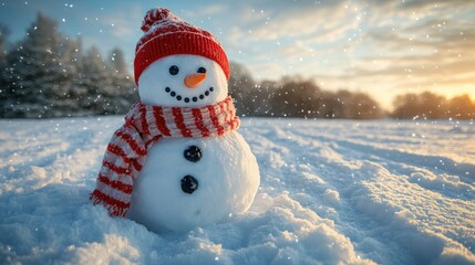 Fototapeta premium Snowy scene; cheerful snowman, red hat, scarf.