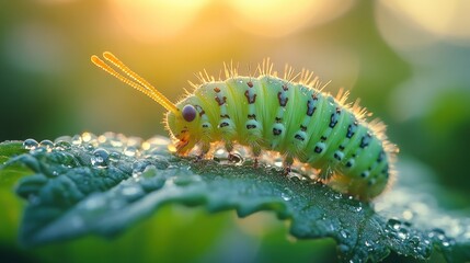 Naklejka premium Green caterpillar, dew-covered leaf, sunrise.