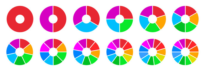 Pie chart set, colored segmented circle icons, pie chart divided equal parts, ring percentage wheel, circle diagram with sections or parts