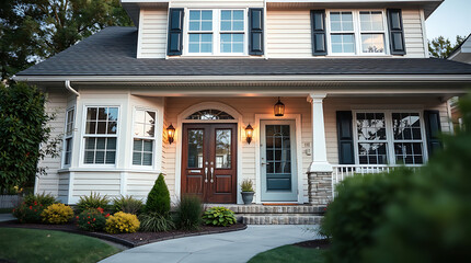 Fototapeta premium Luxury House Exterior at Dusk: Dream Home Architecture and Landscaping