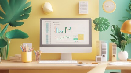 Business finance, modern office with tax filing tools and money charts, 3D illustration