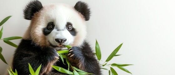 Fototapeta premium A cute panda munching on bamboo leaves, showcasing its endearing features. This charming creature exemplifies wildlife conservation and the importance of protecting its habitat.