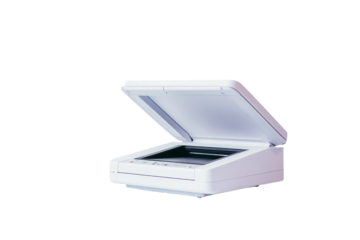 High-quality flatbed scanner on white background showcasing its design and functionality for document digitization