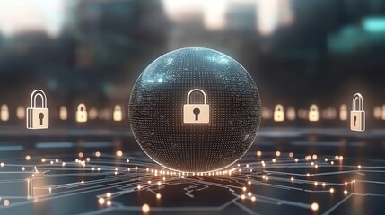A digital globe surrounded by data nodes, featuring padlock icons, symbolizes cybersecurity and data protection in a futuristic setting.