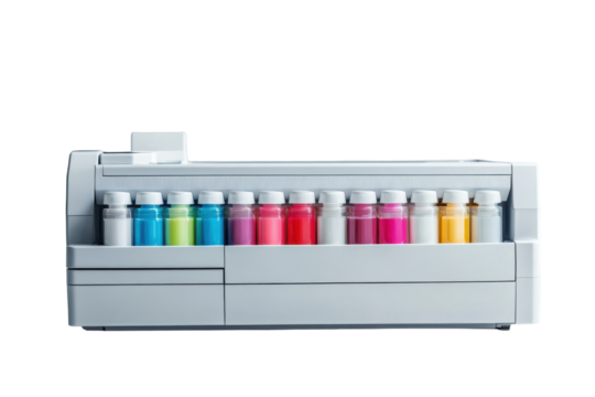 Colorful ink bottles lined up in a modern printer setup for vibrant printing and creative projects