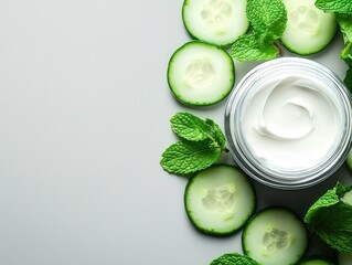A fresh, natural skincare scene featuring a jar of cream surrounded by mint leaves and cucumber slices on a light background.