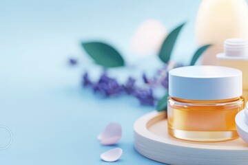 A serene arrangement of skincare products on a light background, featuring a jar of cream, essential oils, and delicate floral accents.