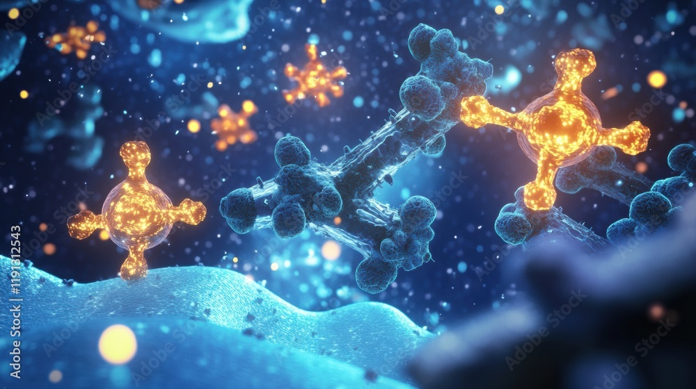 Aufkleber Visualization of antibodies attacking glowing viruses in a microscopic environment. Generative AI