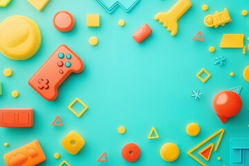 Colorful shapes and a game controller on teal