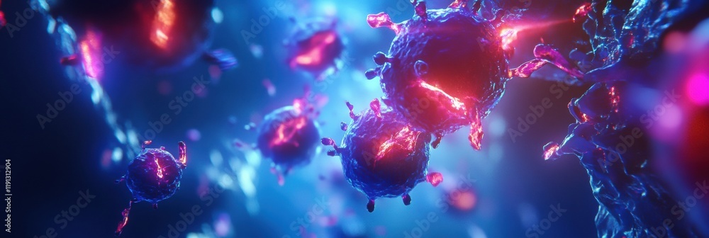 Leinwandbilder visualized antibodies targeting glowing viruses in a vibrant microscopic environment. generative ai