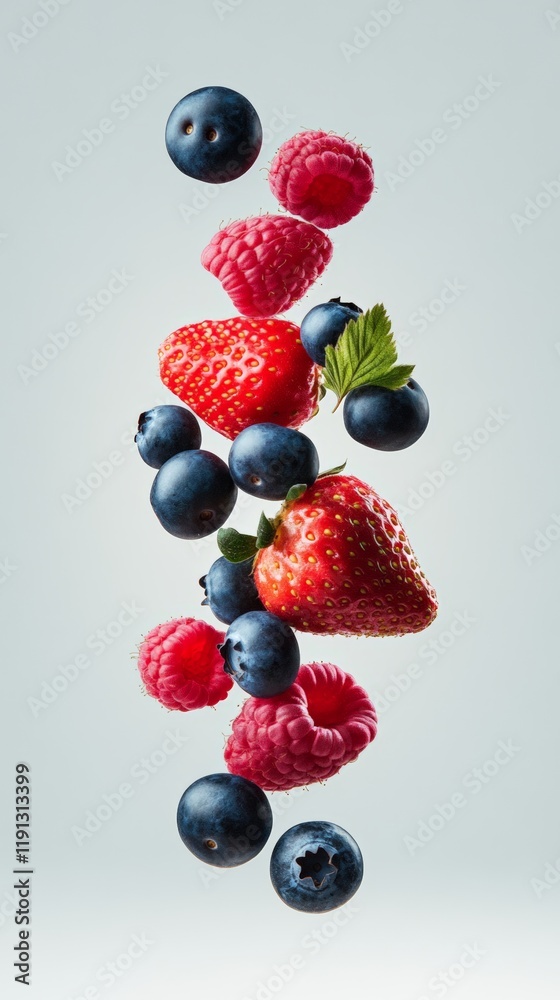 Poster ripe strawberries, raspberries and blueberries with green leaves are levitating on a light grey back