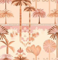 Vintage Mid-Century Modern Palm Trees in the Desert with Ornate Patterns and Pastel Pink and Peach Tones – Retro Aesthetic.
Muted Pastel Palm Trees in the Desert with Vintage Ornate Patterns