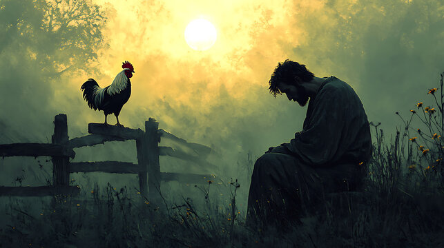 A sorrowful Saint Peter turning his face away, illuminated by the soft glow of the rising sun, a rooster crowing atop a fence in the background, muted yet vibrant tones, photorealistic textures,