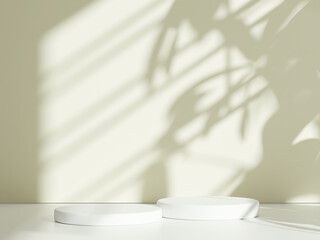 White cylindrical podium with tree leaf shadow background, illuminated by soft sunlight