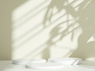White cylindrical podium with tree leaf shadow background, illuminated by soft sunlight