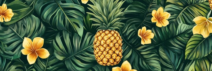 Fototapeta premium Vibrant tropical seamless pattern of pineapples with lush green leaves and yellow flowers for endless summer vibes. Generative AI