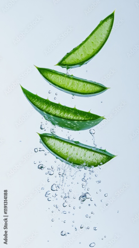 Poster Fresh aloe vera slices are levitating in sparkling water with bubbles, creating a refreshing and natural image perfect for promoting health, beauty, and wellness products