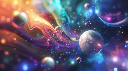 Vibrant and colorful cosmic orbits and planets in wide-angle scene