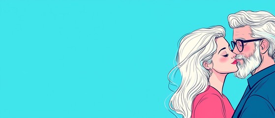 A heartwarming illustration of a couple sharing a gentle kiss, symbolizing love and affection. The vibrant turquoise background enhances the emotional connection between them.