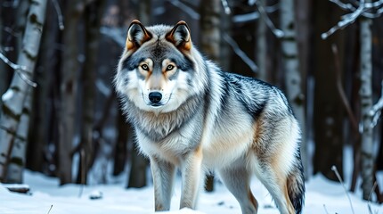 Obraz premium A color photograph showcases a lone wolf in a snowy forest, lit by warm candlelight. The wolf, gray and white with darker gray fur, stands in a sharply focused composition against a blurry background