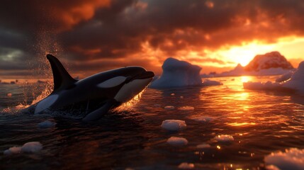 Fototapeta premium Orca Whale Leaping at Sunset in Antarctica