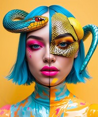 Naklejka premium An androgynous person with short blue hair, colorful makeup, a split face featuring a snake head and pink lipstick, set against a bright, yellow background