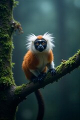 Obraz premium Tamarin monkey perched on a moss-covered branch in a misty rainforest