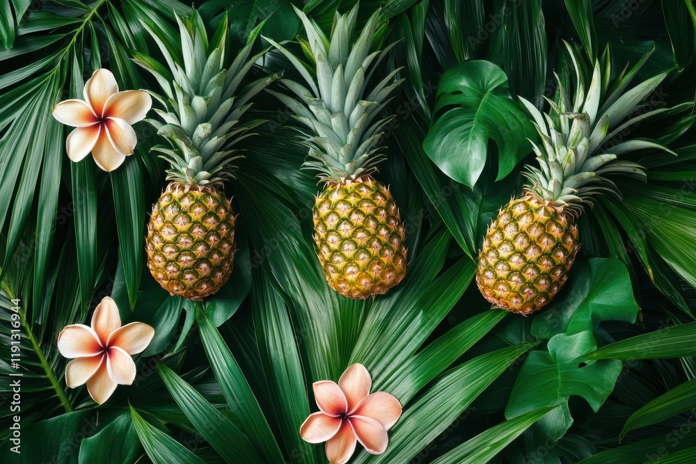 Poster tropical seamless pattern featuring vibrant pineapples and lush leaves for refreshing design inspira