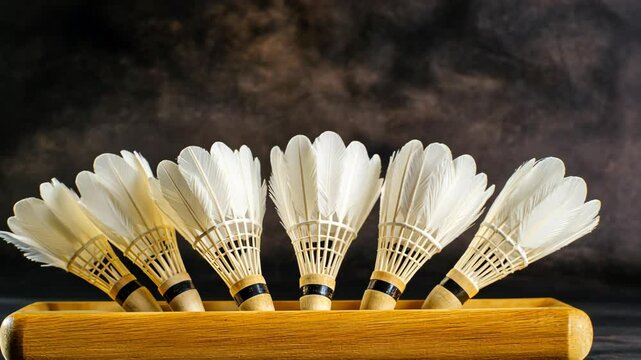 Collection of shuttlecocks arranged neatly on a wooden holder with a dark background