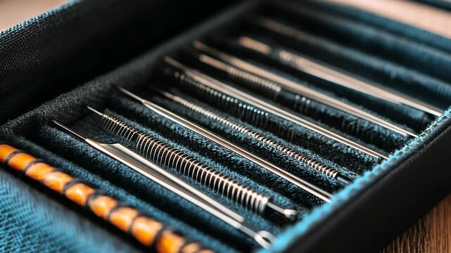 Precision tools neatly arranged in a textile case designed for surgical or crafting purposes