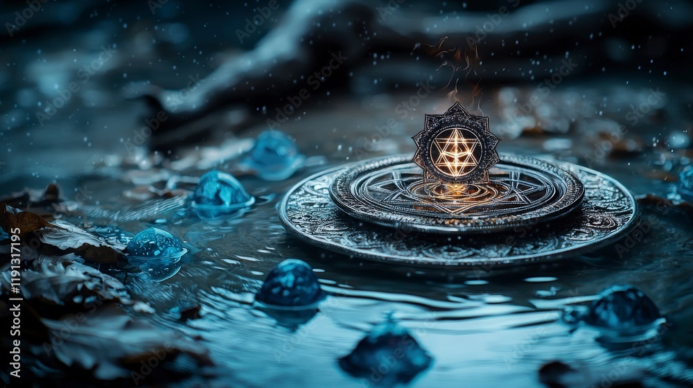 Poster mystical machanu yantra illuminated on silver surface enchanted water setting surreal atmosphere art