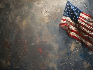 American flag prominently displayed in a military-themed painting with soft lighting