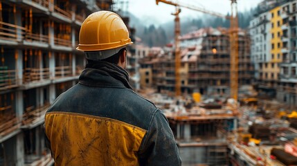 Fototapeta premium Construction Worker Overlooking a City Under Construction