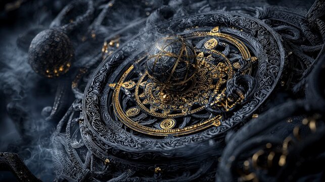 Rahu swallowing the moon yantra mystical artwork spiritual realm intricate design top-down view esoteric symbolism